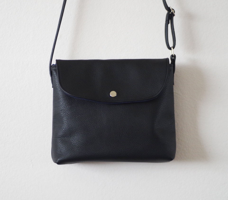Black Small Black Leather Crossbody Bag With Flap Etsy