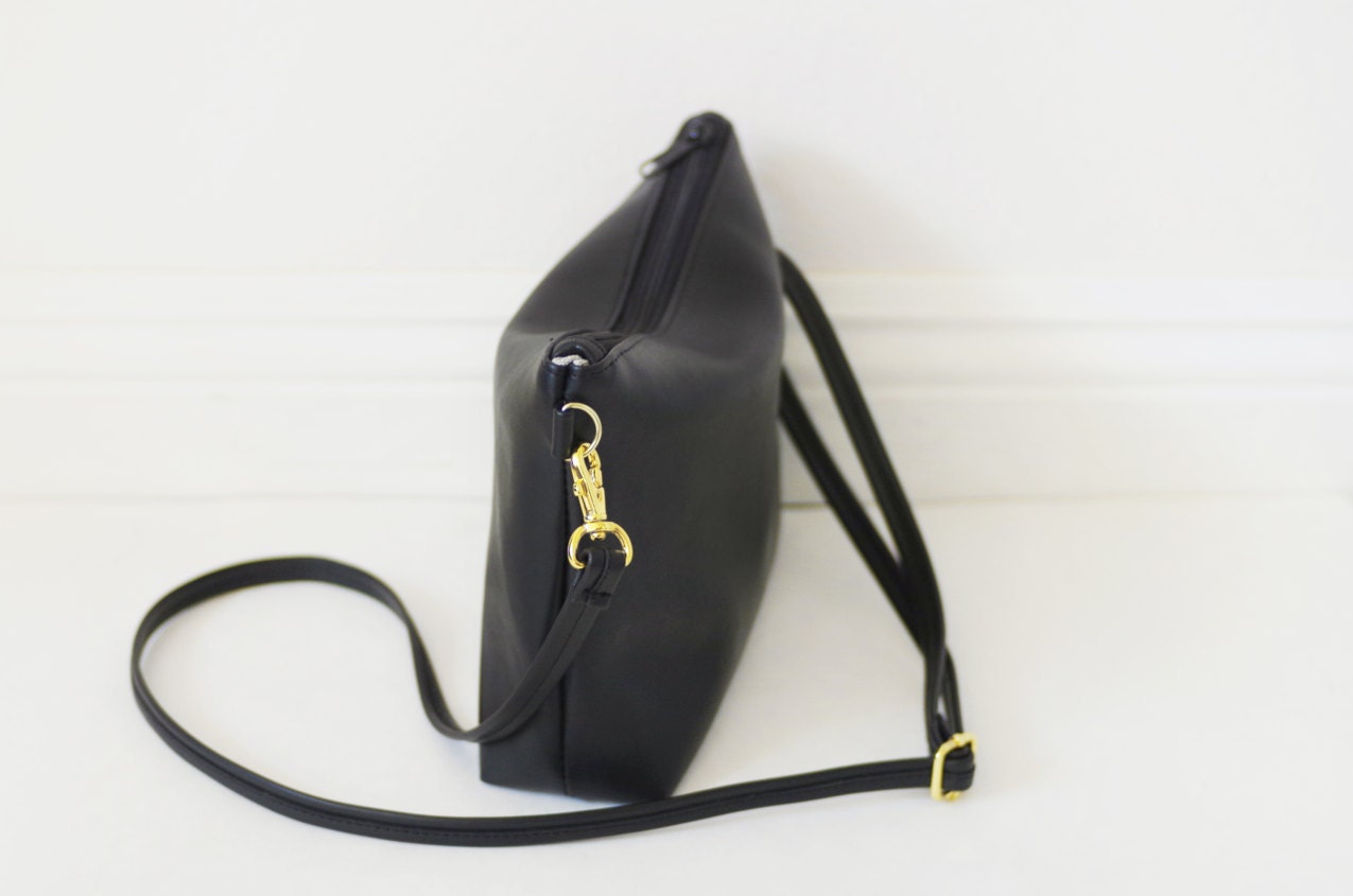 Gold hardware black leather crossbody bag with zipper | Etsy