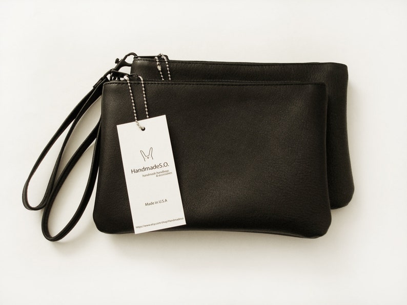 Small black cowhide leather wristlet clutch image 6