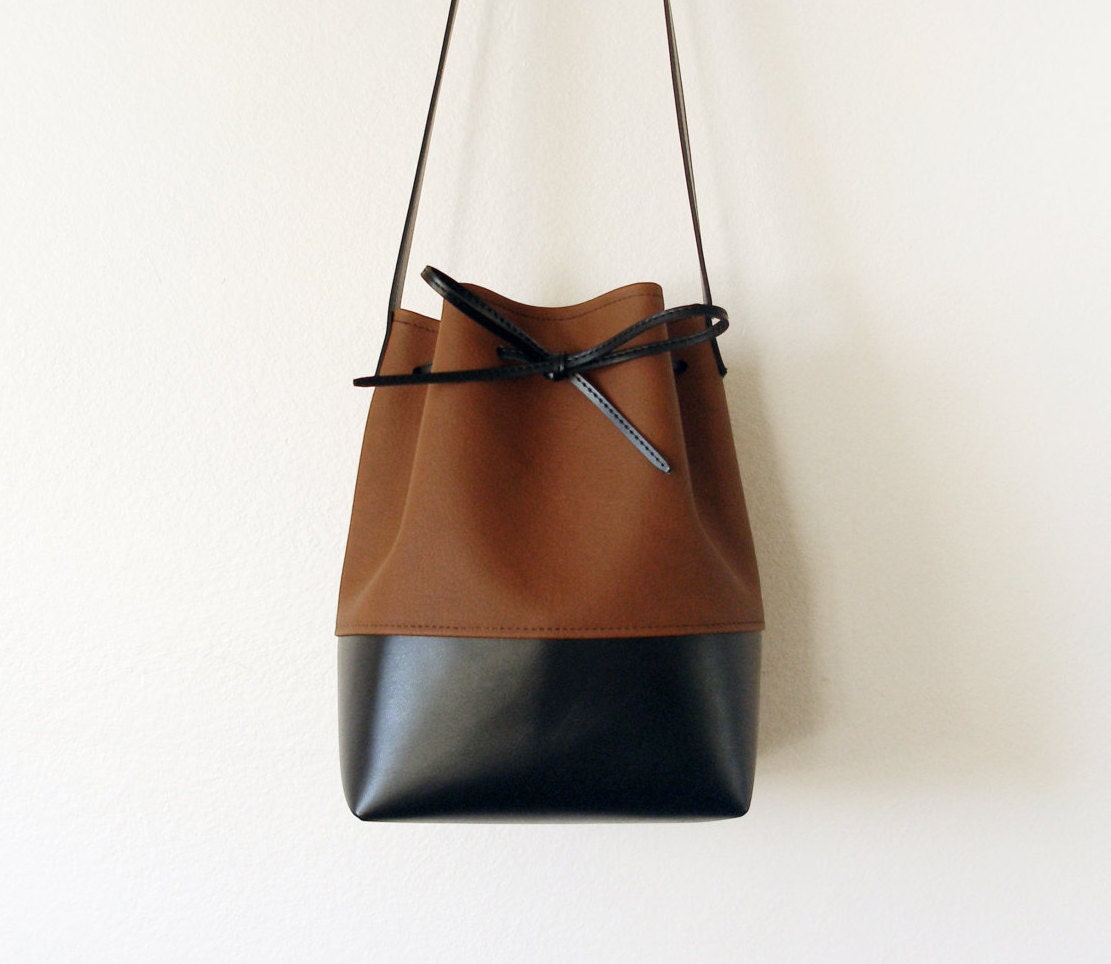 Brown and Black Vegan Leather Bucket Bag | Etsy