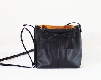 Black fringe leather crossbody bag