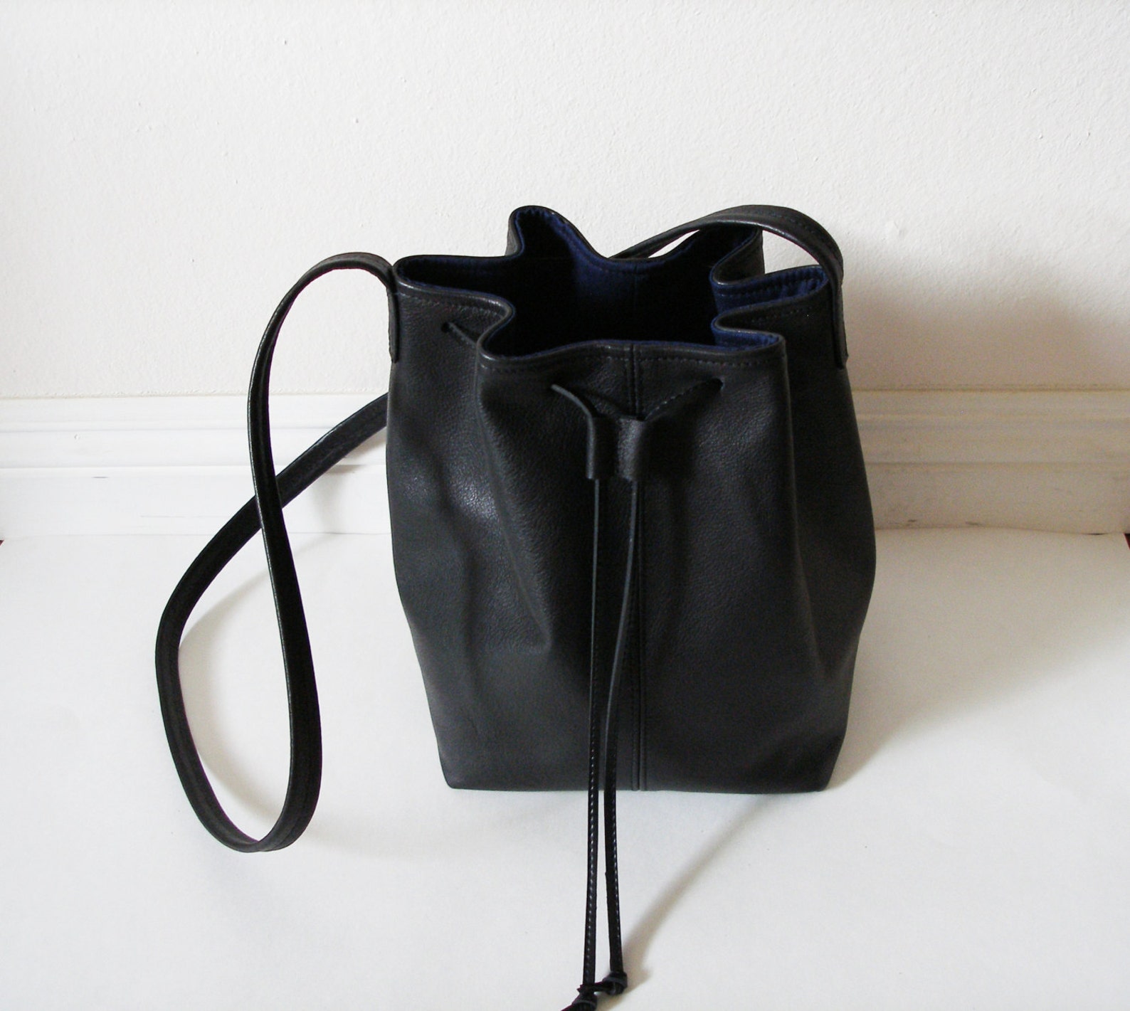 Black Soft Leather Bucket Bag With Adjuster | Etsy