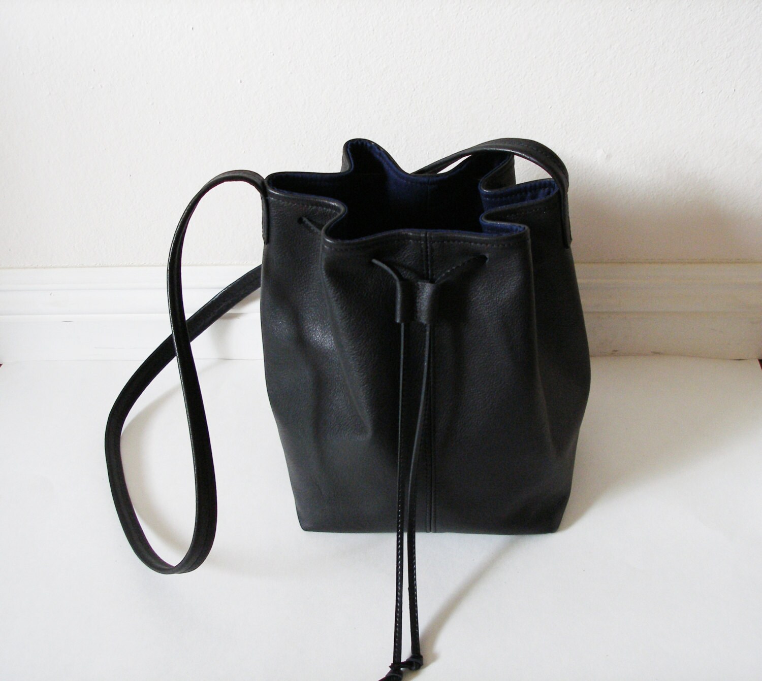 Black Soft Leather Bucket Bag With Adjuster Etsy