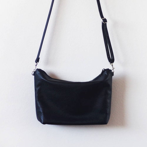 Large Black Leather Crossbody Bag With Zipper Etsy