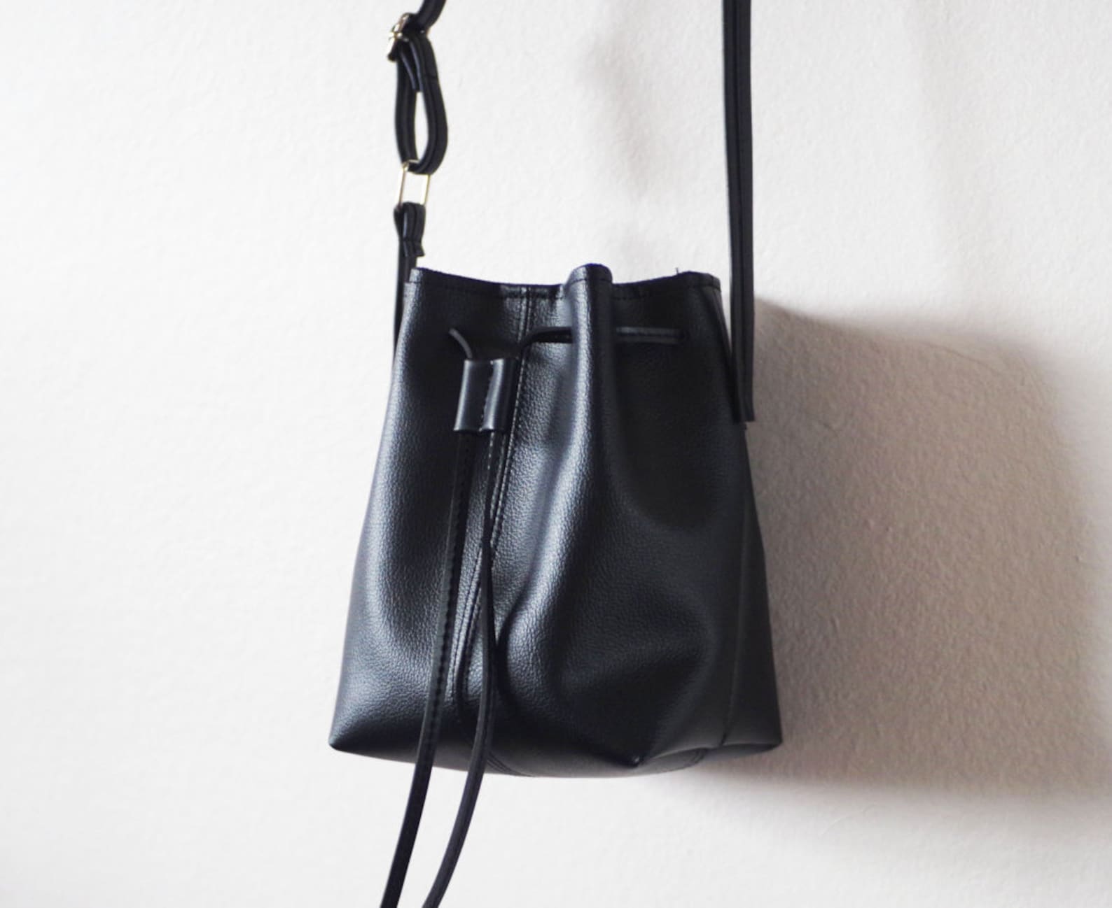Tiny Black Vegan Leather Bucket Bag - Etsy