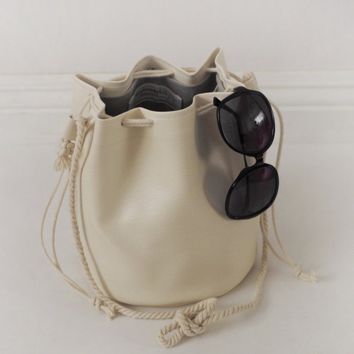 Vegan White Leather Drawstring Bucket Bag With Cotton Rope Etsy