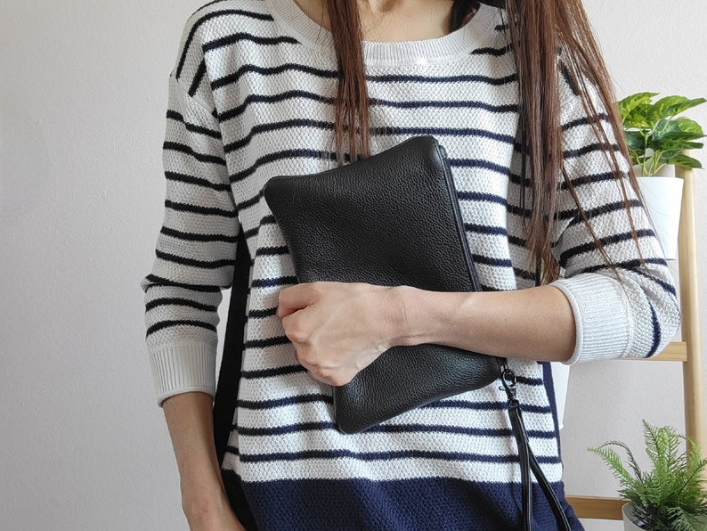 Small black cowhide leather wristlet clutch image 4