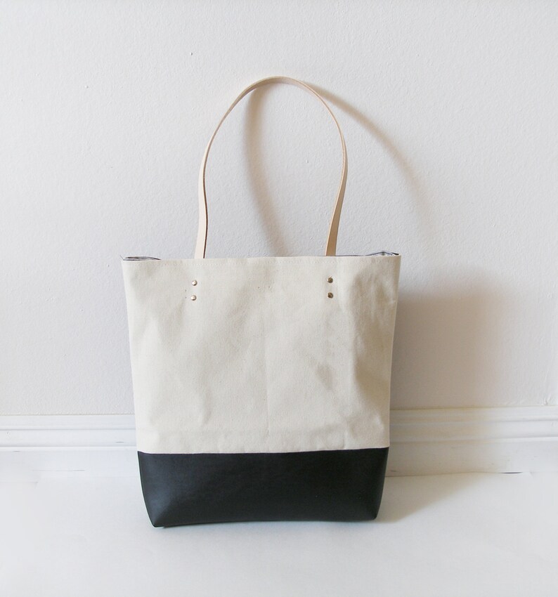White canvas black leather tote bag Etsy
