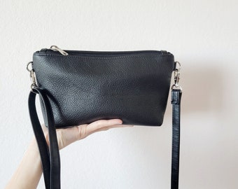 Tiny extra small black leather crossbody bag with zipper