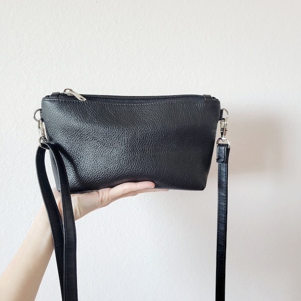 Tiny extra small black leather crossbody bag with zipper