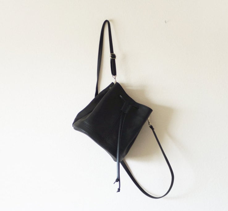 Mini Convertible Black Leather Bucket Bag Crossbody and  display picture 2