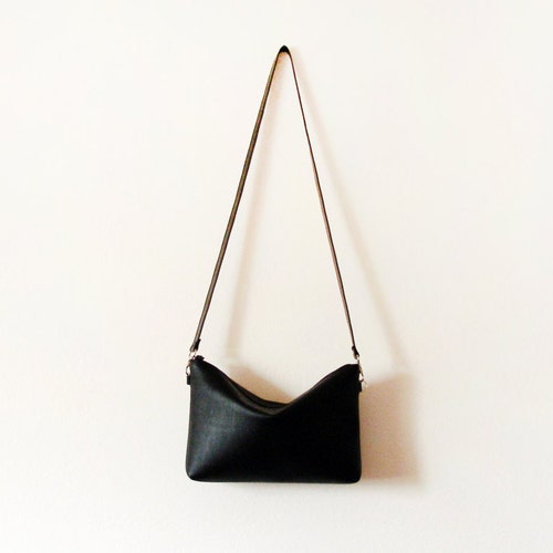 Large Black Leather Crossbody Bag With Zipper Etsy