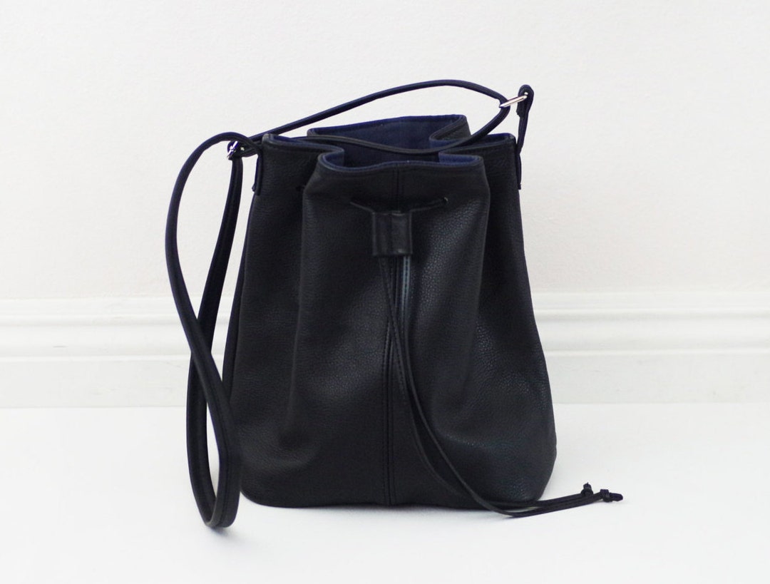 Black Soft Leather Bucket Bag With Adjuster Etsy