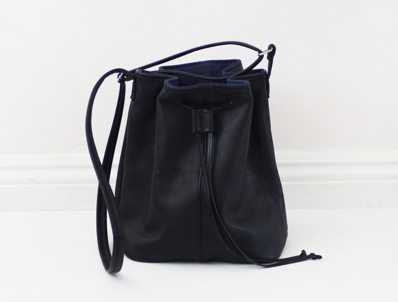 Black soft leather bucket bag with adjuster 