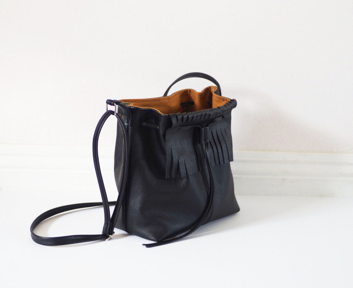 Small black fringe leather crossbody bag Etsy