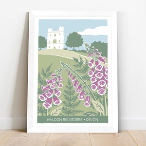 Haldon Belvedere print, wedding venue illustration, devon nature print with foxgloves and ferns, giclee print image 1