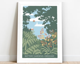 Nature print of Brixham in Devon, coastal illustration with lighthouse