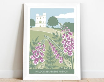 Haldon Belvedere print, wedding venue illustration, devon nature print with foxgloves and ferns, giclee print