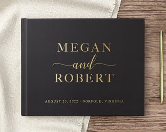 Black Wedding Guest Book Wedding Guestbook Landscape Guest Book Gold Foil Personalized Hardcover Wedding Photo Guest Book
