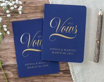 Wedding Vows Book, Marriage Vows, Personalized Wedding Vow Books, Navy and Gold Foil Custom Bride and Groom Vow Books, Set of 2