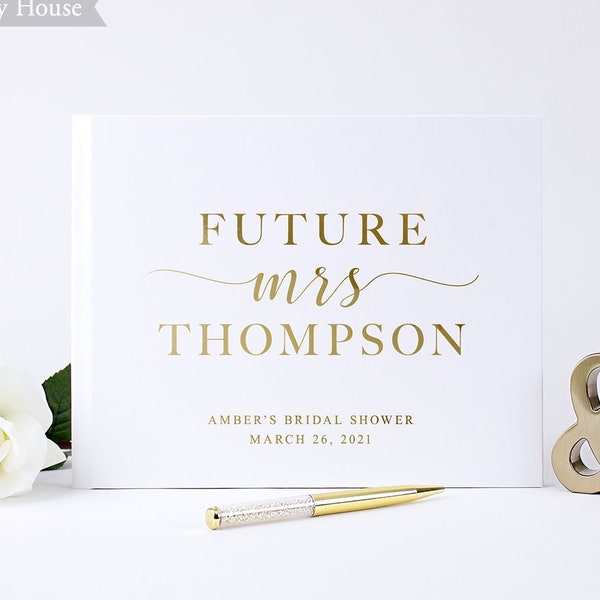 Personalized Bridal Shower Guest Book Gift for Bride Future Mrs Wedding Party Shower Photo Booth Album, White Gold Colors Available