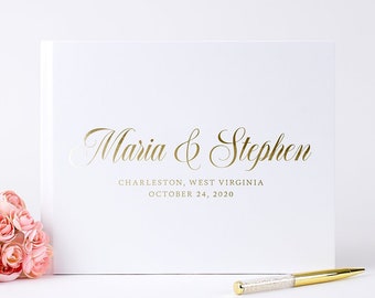 White Wedding Guest Book, Gold Foil Guestbook, Personalized Custom Wedding Guest Book, Simple Elegant Hardbound Sign In Book