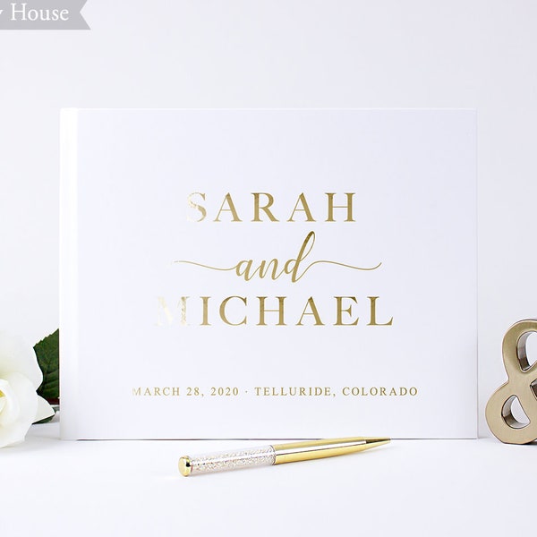 Wedding Guest Book, White & Gold Foil Guestbook, Custom Wedding Guest Book, Real Gold Foil Wedding Book Ideas, Hardcover Photo Booth Book