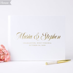 White Wedding Guest Book, Gold Foil Guestbook, Personalized Custom Wedding Guest Book, Simple Elegant Hardbound Sign In Book