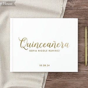 Quinceanera Guest Book for Mis Quince 15th Birthday Party Custom Photo Album Guestbook, White Gold Foil