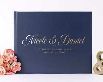 Wedding Guest Book For Instant Photos - Navy Blue Gold Foil Personalized Photo Album By Liumy