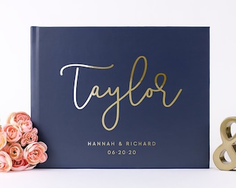 Modern Wedding Guest Book, Personalized Hardcover Wedding Guestbook, Gold Foil Horizontal Wedding Guest Sign In Book, Custom Wedding Gift