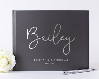 Gray Wedding Guest Book, Photobooth Wedding Guestbook Album, Custom Guest Book Ideas for Wedding Sign In Book, Silver or Gold Foil