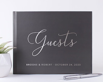 Wedding Guest Book Landscape Wedding Guestbook, Gray Silver Foil Custom Wedding Photo Book, Photobooth Polaroid Sign In Book