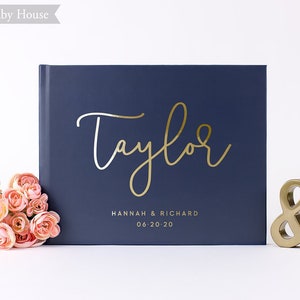Modern Wedding Guest Book, Personalized Hardcover Wedding Guestbook, Gold Foil Horizontal Wedding Guest Sign In Book, Custom Wedding Gift
