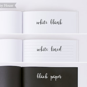 May include: Three open notebooks with different paper styles: white blank, white lined, and black paper. The notebooks are labeled with the text "white blank", "white lined", and "black paper".