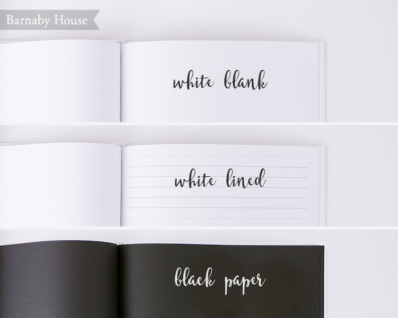 May include: Three open notebooks with different paper styles: white blank, white lined, and black paper. The notebooks are labeled with the text "white blank", "white lined", and "black paper".