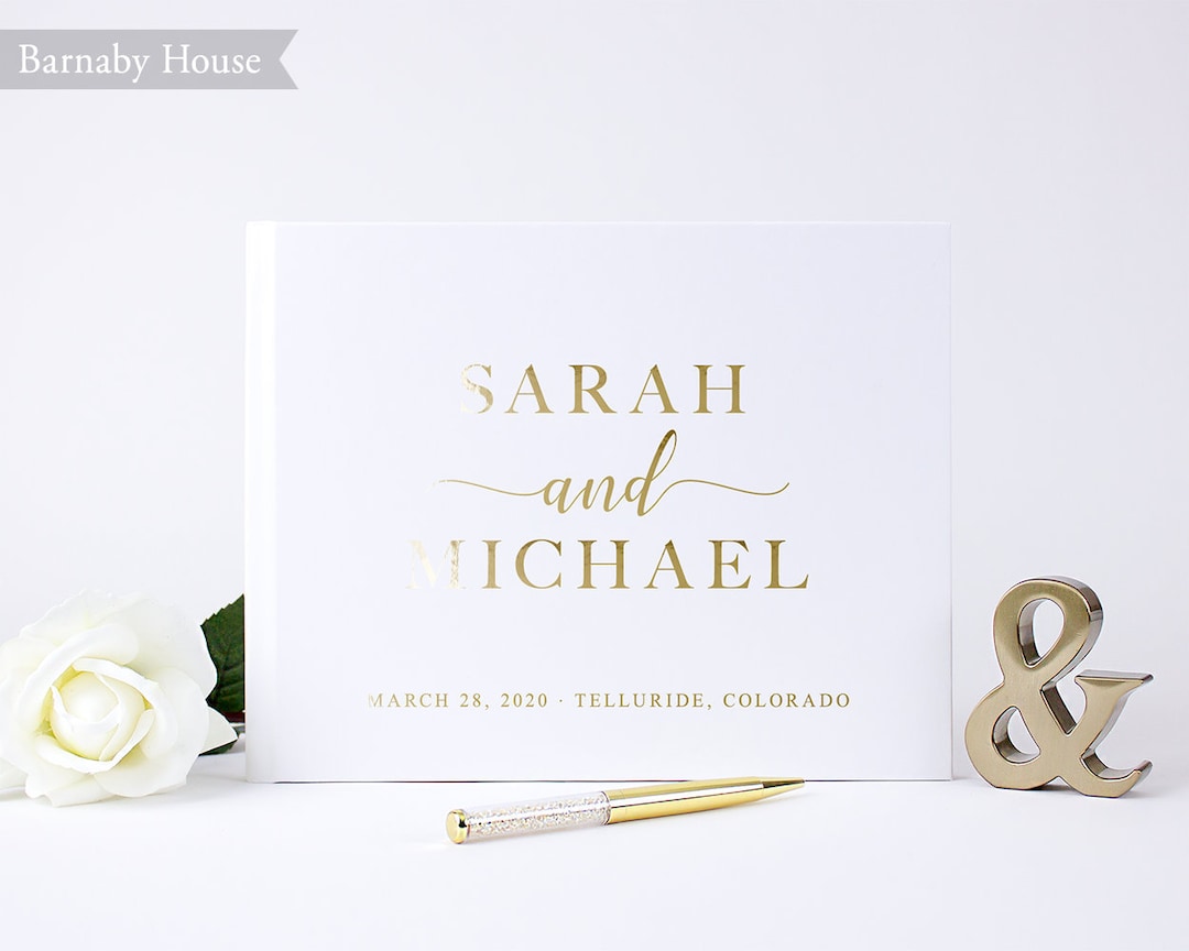Wedding Guest Book, White & Gold Foil Guestbook, Custom Wedding Guest