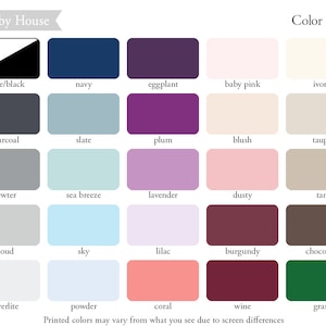 May include: Color chart with 20 different color swatches. The colors are labeled with names like white/black, navy, eggplant, baby pink, ivory, charcoal, slate, plum, blush, taupe, pewter, sea breeze, lavender, dusty, tan, cloud, sky, lilac, burgundy, chocolate, silverlite, powder, coral, wine, and grass.