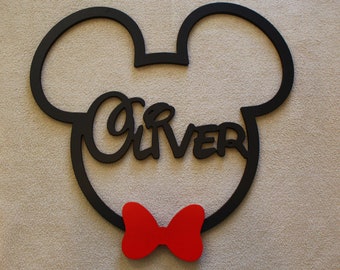 Wooden Mickey Mouse, Disney Mickey Mouse with Bow Tie, Wooden Name Sign, Kids Name Sign, Name Wall Hanging, Name Door Hanger, Disney Decor