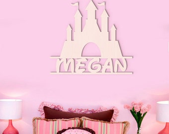 Letrero de madera personalizado con el castillo de princesa, decoración para habitación de niña con temática Disney, colgante de pared con castillo personalizado, letrero decorativo de pared Disney