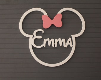 Disney Minnie Mouse, Wooden Minnie Mouse with Bow, Wooden Name Sign, Kids Name Sign, Name Wall Hanging, Name Door Hanger, Disney Decor