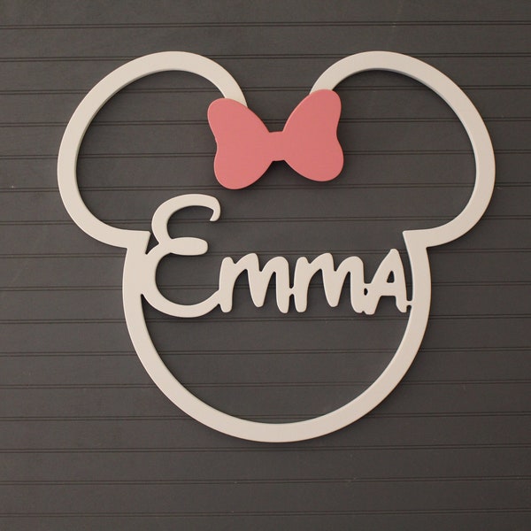 Disney Minnie Mouse, Wooden Minnie Mouse with Bow, Wooden Name Sign, Kids Name Sign, Name Wall Hanging, Name Door Hanger, Disney Decor