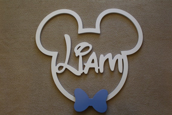 Disney Mickey Mouse, Wooden Mickey Mouse with Bow Tie, Wooden Name Sign, Kids Name Sign, Name Wall Hanging, Name Door Hanger, Disney Decor