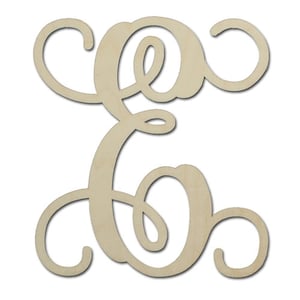 May include: Wooden cutout of the letter E in a cursive script style. The letter is unfinished and ready to be painted or stained.