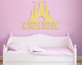 Wooden Name sign in Disney Castle, Princess Name Sign, Personalized Castle, Nursery Decor, Wall Hanging, Disney Wall Art