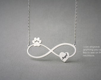 Personalized Sterling Silver Infinity Paw Heart Necklace - Custom Pet Name Jewelry