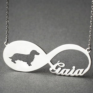 Personalised INFINITY DACHSHUND LONGHAIRED Necklace Dachshund Longhaired necklace Doxie Name Necklace Memorial Necklace Dog Necklace image 1