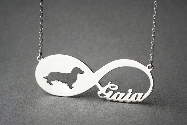 Personalised INFINITY DACHSHUND LONGHAIRED Necklace Dachshund Longhaired necklace Doxie Name Necklace Memorial Necklace Dog Necklace image 1