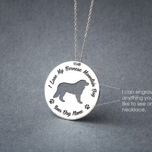 Personalised BERNESE MOUNTAIN DOG Necklace / Circle dog breed Necklace / Bernese disc necklace / Silver, Gold Plated or Rose Plated.