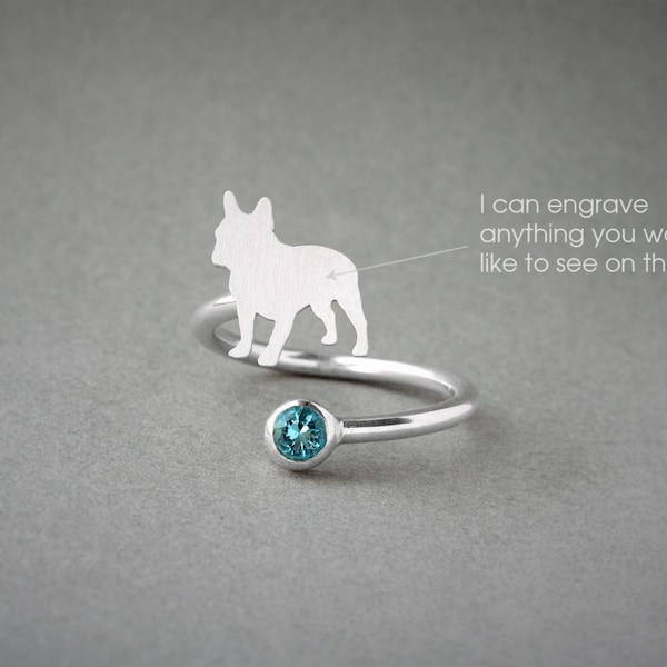 Adjustable Spiral FRENCH BULLDOG BIRTHSTONE Ring / French Bulldog Birthstone Ring / Birthstone Ring / Dog Ring